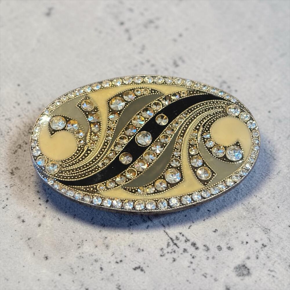Black & Cream Swirl Rhinestone Brooch Art Deco Style Hollywood Glam